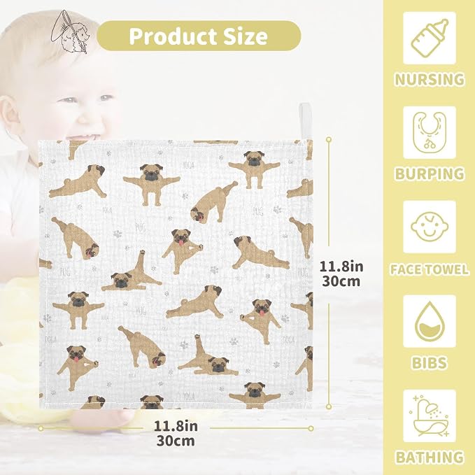 vvfelixl Baby Cotton Washcloths Pug Dog Infants Bath Towel for Unisex Face Towels for Newborn, Natural Baby Wipes Delicate Skin, 11.8 X 11.8 inch, one sizex3