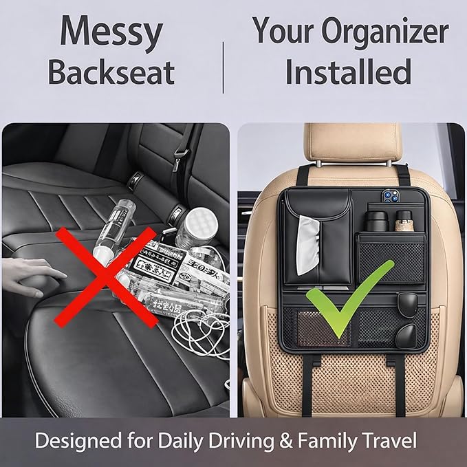 Backseat Car Organizer, Seat Organizer with 5 Storage Pockets for Travel, Black