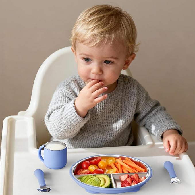 Bakpoco Stainless Steel Suction Plates for Toddlers, 8" Divided Kids Baby Plates with Removable Silicone Suction, Non Toxic Non Slip Portion Control Snack Dishes 3 Packs, Blue Gray Navy