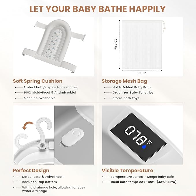 Collapsible Baby Bathtub with Soft Cushion and Thermometer, Newborn to Toddler Tub 0-36 Months with Toy Storage Mesh Bag, Portable Travel Bath for Infants (Grey)