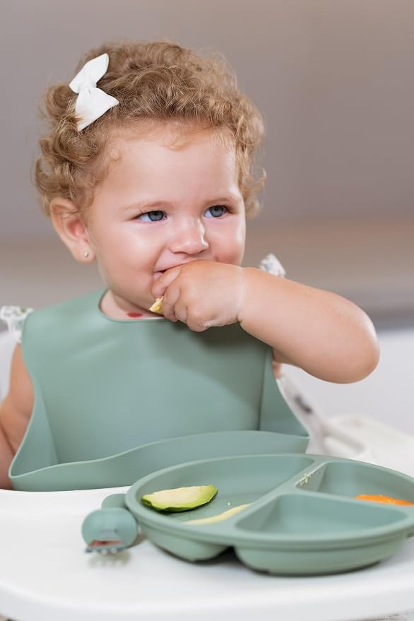 Food-grade Silicone Baby Feeding Set – 10 Pieces | BPA-Free | Includes Plate, Bowl, Sippy cup, 2 Spoons, 2Forks & Bib | Non-Slip, Microwave & Dishwasher Safe – Green