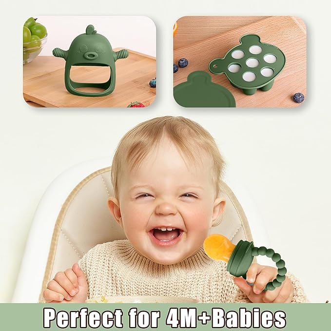 3-in-1 Baby Food & Fruit Feeder Set ??Breastmilk Popsicle Mold with Freezer Tray, Teething Relief Toy, BPA Free Infant Silicone Feeding Combo, 3 Bonus Sizes (S/M/L) Sacs (Olive Green)