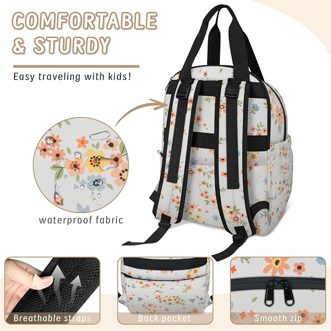 Pink little flower Diaper Bag Backpack-Multi-functional mother and baby bag Thermal compartment USB charging port Large capacity Multi-pocket organizer Stroller can be hung Travel shopping