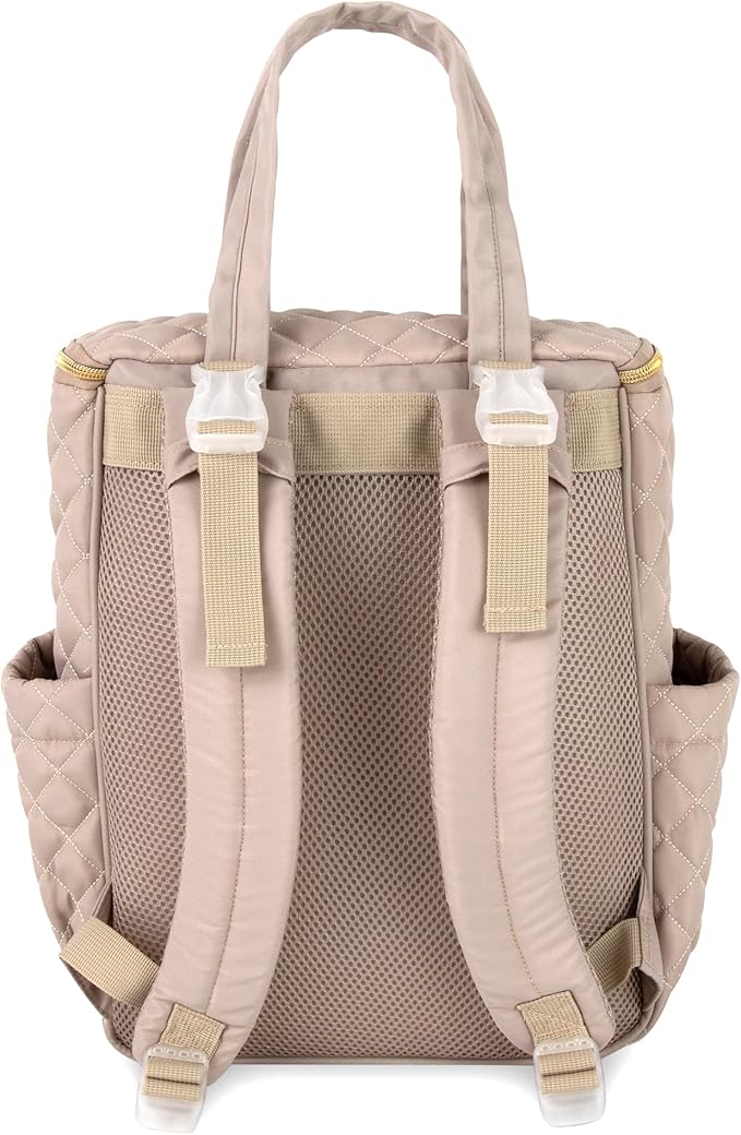 Jessica Simpson Quilted Diaper Bag Backpack with Insulated Pockets, Portable Changing Pad, Stroller Straps, Organizer Insert 3 Pc. Set (Khaki)