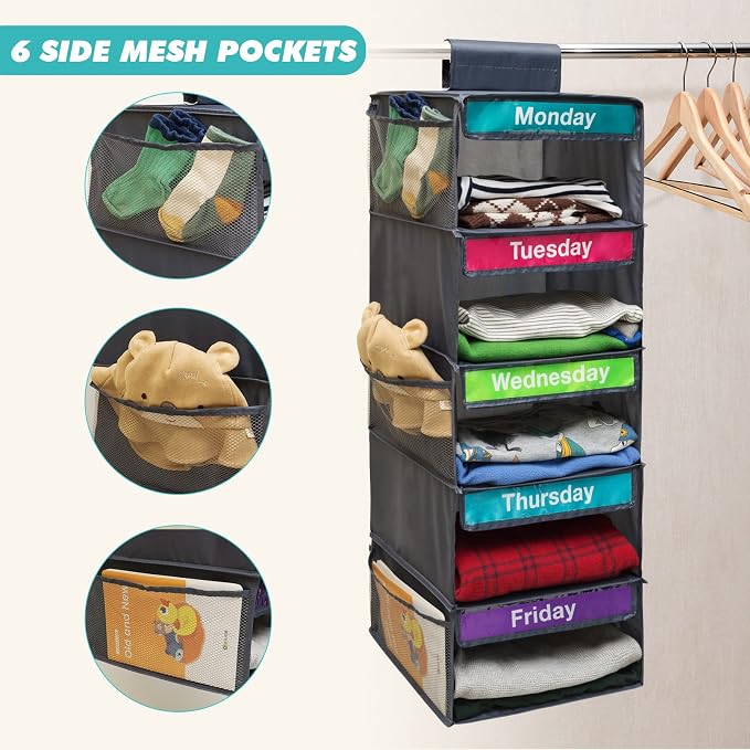 5-Shelf Weekly Clothes Organizer for Kids, Kids Daily Shelf Hanging Closet Organizer with 6 Side Pockets, Days of The Week Hanging Storage Shelves, Grey