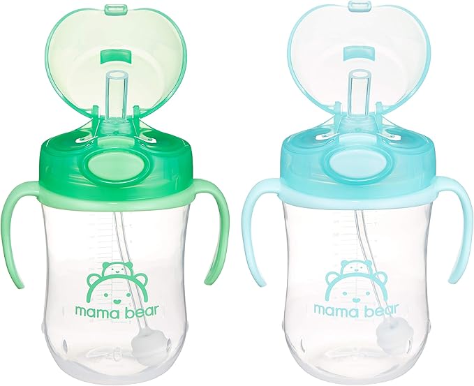 Amazon Brand - Mama Bear Spill Proof Dishwasher Safe Silicone Weighted Straw Sippy Cup with Removable Handles, BPA Free, 9 Ounces, Blue/Green, Pack of 2