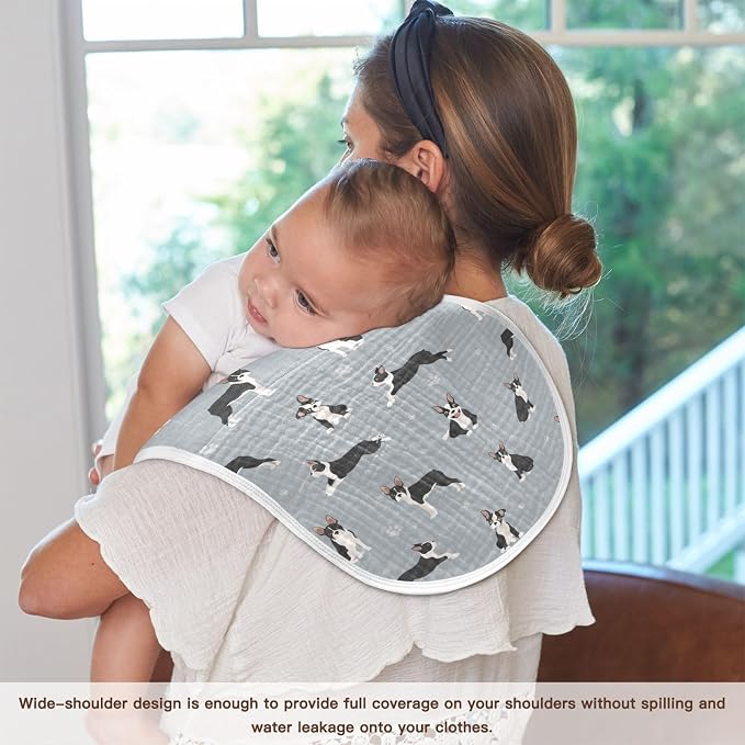 Muslin Burp Cloths for Baby Boys and Girls - 2-Pack Ultra Absorbent Boston Terrier Dog Muslin Washcloths, Newborn Towel, Milk Spit Up Rags, Burp Cloth Bibs for Unisex, 22 x 11 Inch