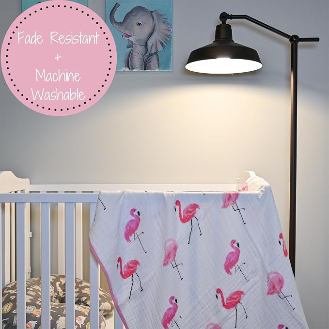 LollyBanks Muslin Baby Blanket 100% Cotton, Soft and Breathable Muslin Quilt 47 x 47 Inches Toddler Blanket for Girls, 6 Layers Baby Blanket, Lightweight Baby Receiving Blankets (Flamingo Print)