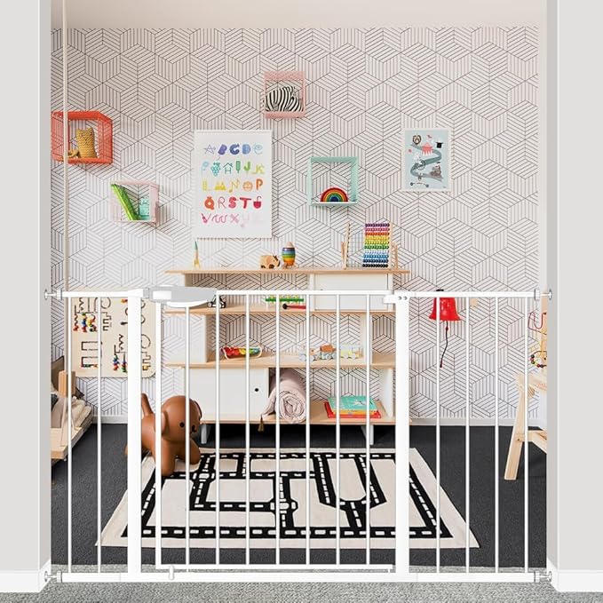 DEARBB Triple Lock Baby Gate for Stairs Doorways and House 31" to 86" Extra Wide Pressure Mounted Easy Walk Through Auto Close Safety Pet Gate White 31.1-48.42"