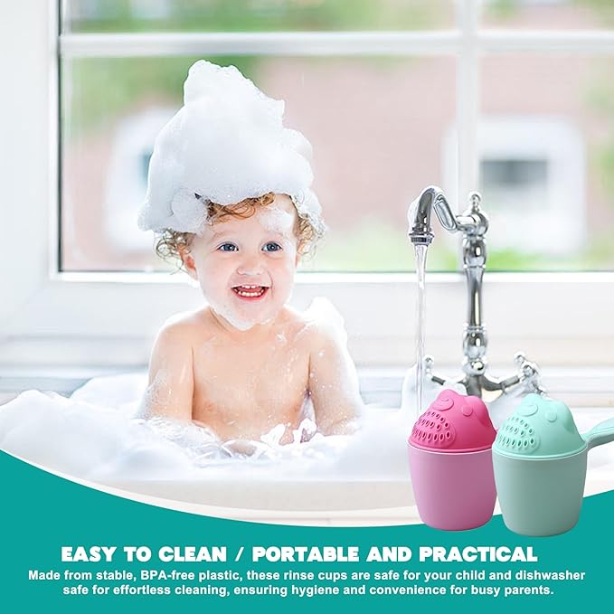 2Pcs Baby Bath Rinse Cup, Baby Bath Cup Detachable Tear-Free Waterfall Bath Cup for Rinsing Hair, Portable Baby Bath Cup with Handle, Cartoon Bath Rinser Cup for Babies Kids..
