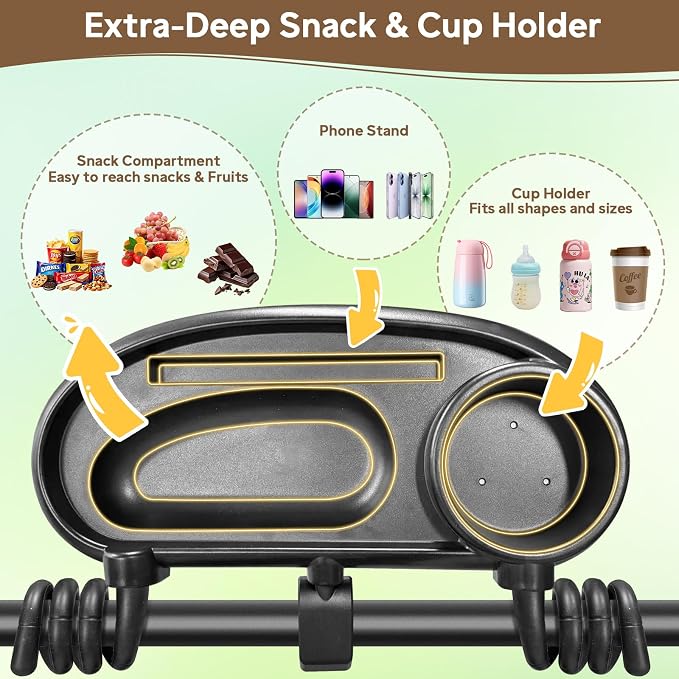 Universal Stroller Snack Tray with Cup Holder and Phone Holder, 3-in-1 Baby Stroller Tray with Secure Non-Slip Secure Clamp, Fits Most Strollers & Wagons, Toddler Snacking On The Go