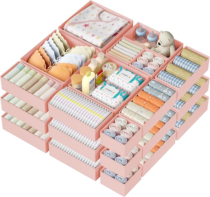 DIMJ Drawer Organizer Clothes 24Pack - Foldable Baby Organizers and Storage & Dresser Organizer for Bedroom, Closet - Nursery Organization Dresser Dividers for underwear, Sock,Bra, Belt, Tie, Pink