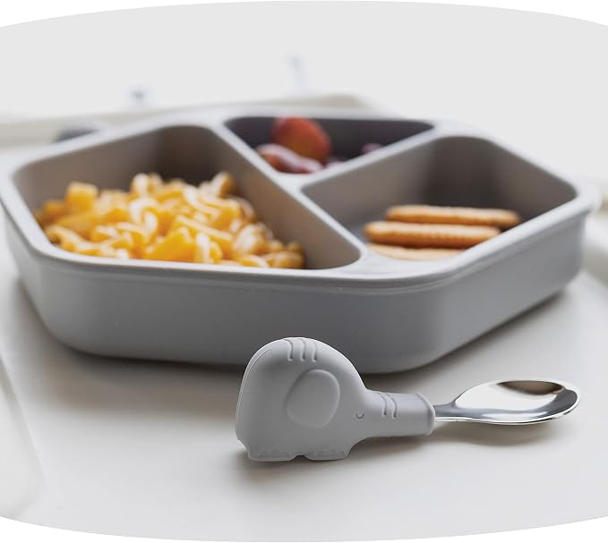 Tiny Twinkle Easy Grip Toddler Utensils Spoon and Fork Set - BPA & Phthalate Free Utensil Sets, Kids Silverware With Silicone Handle, Baby Led Weaning Supplies for 12 Months & Up (Grey Elephant)