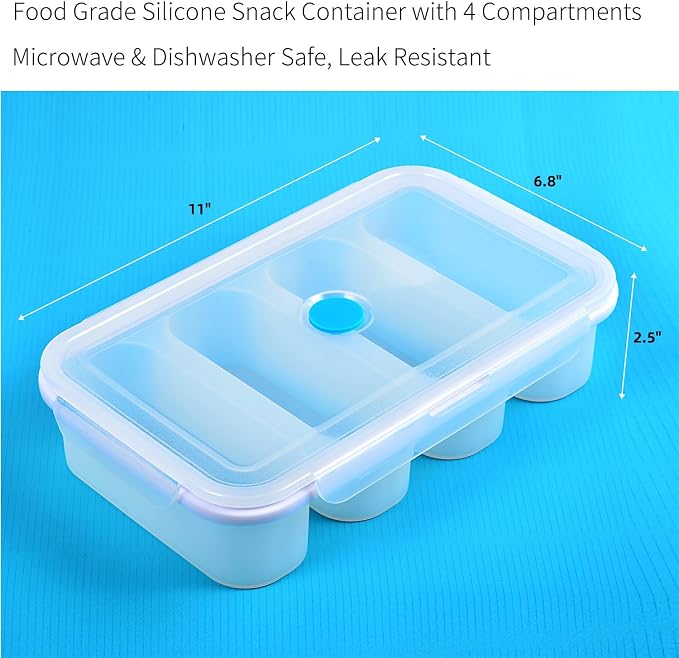 Divided Snack Serving Tray with Lid, Silicone Food Storage Box, Portable Snack Container with 4 Compartments, Microwave & Dishwasher Safe, White, Divided Bento Snack Box for Work, Travel or Picnics