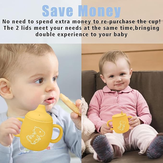 Silicone Straw Cup with Handles,Dinosaur Silicone Baby Sippy Cups,Snack Cups for Toddlers,Dual-Purpose Toddler Training Cups,3 Stages Training Cup Dishwasher Safe and BPA Free 9 oz (Yellow)