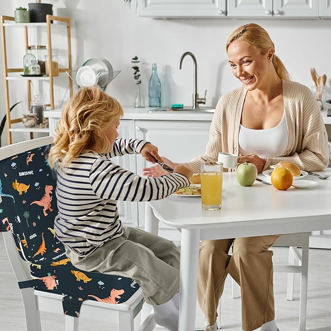 Toddler Booster Seat for Dining Table with Adjustable Straps, Kids Booster Seat for Kitchen Chair with Non-Slip Bottom, Portable Detachable Washable Increasing Cushion (Dinosaur)