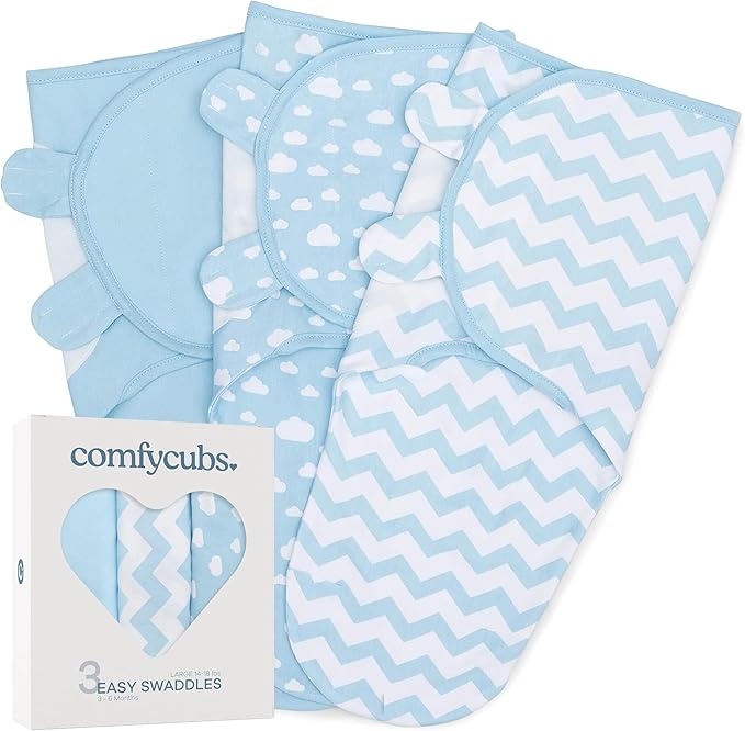 Comfy Cubs Easy Swaddle Blanket, 3 Pack - 100% Cotton Newborn Wrap, Large for 3-6 Months Infants, Breathable and Durable Sleep Sack for Babies - Blue