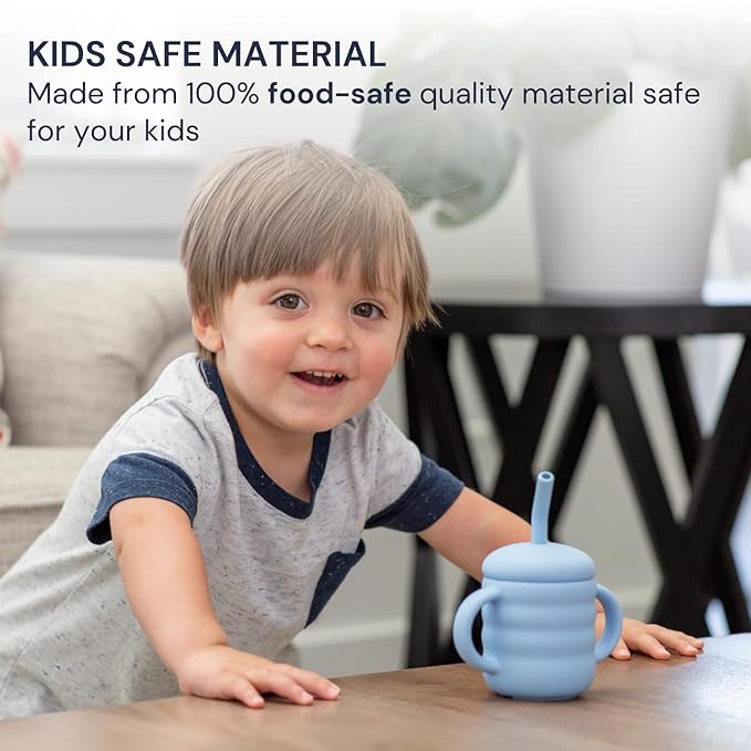 Vaanshie Silicone Baby Sippy Cups | Straw Cup Baby | Toddler Cup with Straw | 3 Stages Training Cup for Infants Toddlers and Kid, 5.4 oz (Blue)