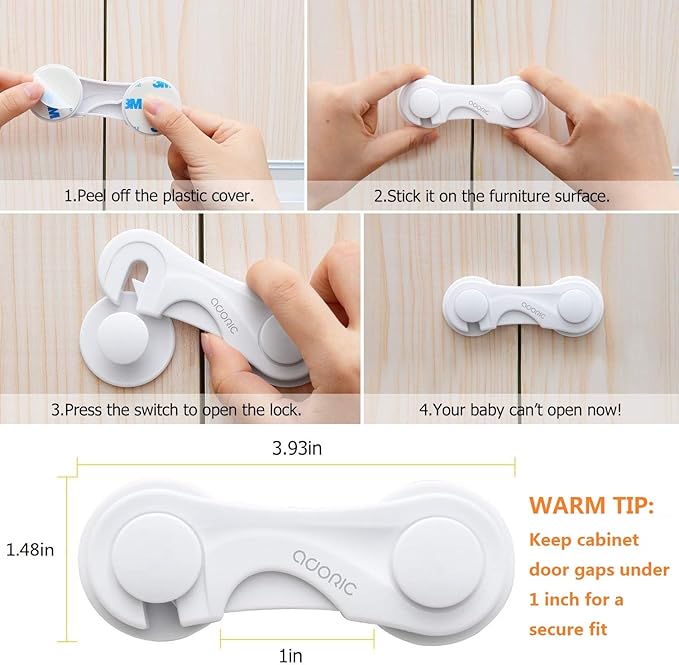 Adoric Cabinet Locks Baby Proofing (4-Pack) - Child Proof Safety Locks for Kitchen Drawers, Closets & Storage - No Drilling, Strong Adhesive Design for Toddler Protection (White)