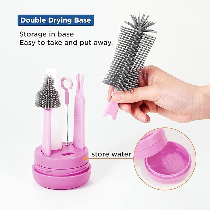YOTIME Baby Bottle Brush, Travel Bottle Cleaner Kit with Extendable Silicone Bottle Brush, Nipple Cleaner Brush, Straw Brush, Soap Dispenser, Dust Cap and Stand, Pink