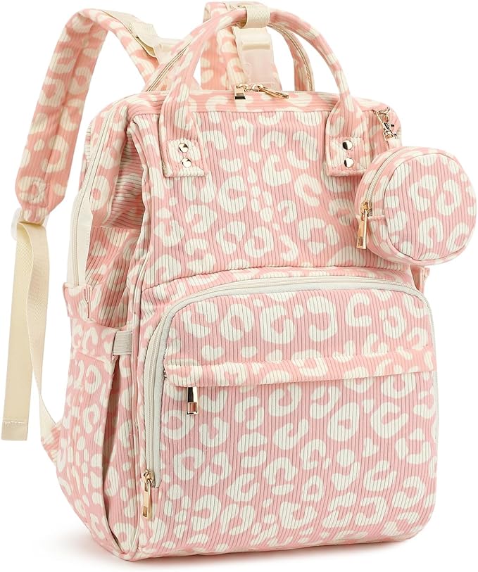 Corduroy Diaper Bag Backpack, Large Capacity Multifunction Baby Diaper Bags for Women, Insulated Bottle Pockets & Pacifier Case, Stylish Travel Nappy Changing Bags for Mom Dad (Leopard Pink)