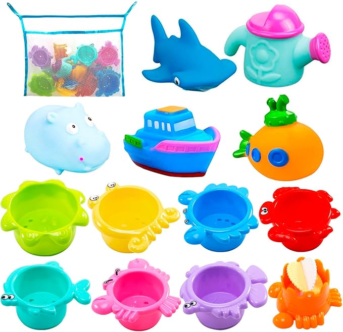 INNOCHEER Baby Bath Toys for Toddlers, Water Table Toys with Mold Free Stacking Cups, Quick Dry Organizer Net, 13 Pcs Bathtub Game, Beach and Pool Party