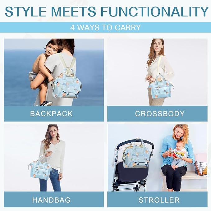 Small Diaper Bag Crossbody, Convertible Mini Diapers Backpack for Stroller, Travel, Small Mommy Daiper Tote with Insulated Pockets, Compact Baby Bag for Mom (Sky Blue Animal)