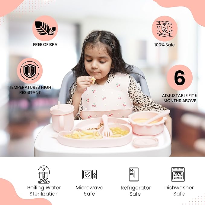 Silicone Baby Feeding Set 14 Pcs | Baby Led Weaning Supplies | Baby Spoons Suction Bowl Divided Plate Bib Cup | First Stage Solid Food Eating Utensils - 6+ Months (Pink)