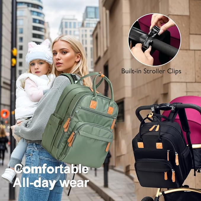 LORADI 18 Pockets Large Diaper Bag Backpack with 4 Insulated Pockets and Stroller Clips, Baby Shower Essentials (Sage, Extra-large)