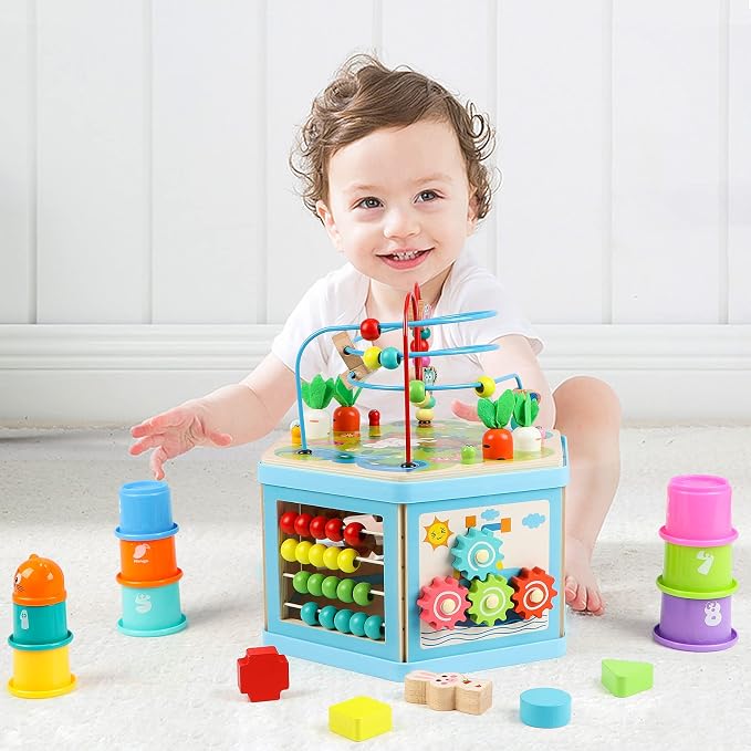 Wooden Activity Cube for 1 Year Old Kids, Educational Learning Bead Maze for Toddler Age 1-3, Developmental Montessori Toys for 12-36 Months Boys Girls Gift