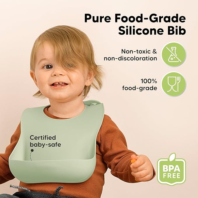 KeaBabies 2-Pack Silicone Bibs for Babies, Toddlers Girl, Boy ??Sturdy Food-Grade Baby Bibs for Eating, Large Food Catcher, Clean & Put On Easily, Waterproof Toddler Feeding Essentials (Forest)