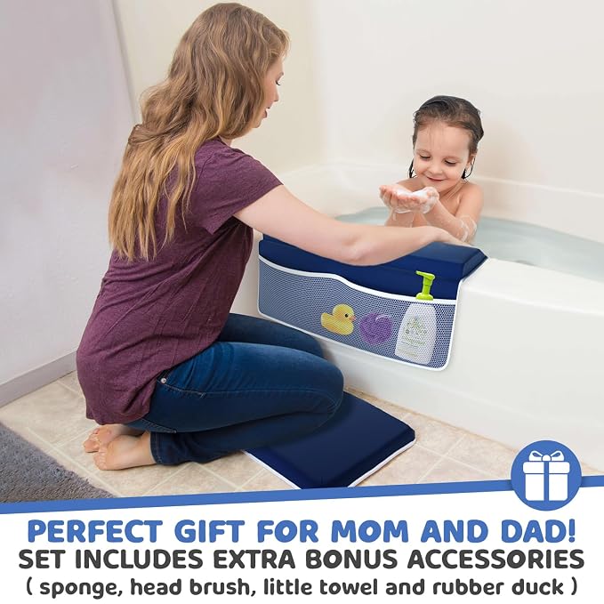 Sleepah Bath Kneeler and Elbow Kneeling Rest Pad Set for Baby Bathing – Waterproof Soft Memory Foam Mat Organizer Babies & Toddler Bathing Time Toys Sponge (Blue)