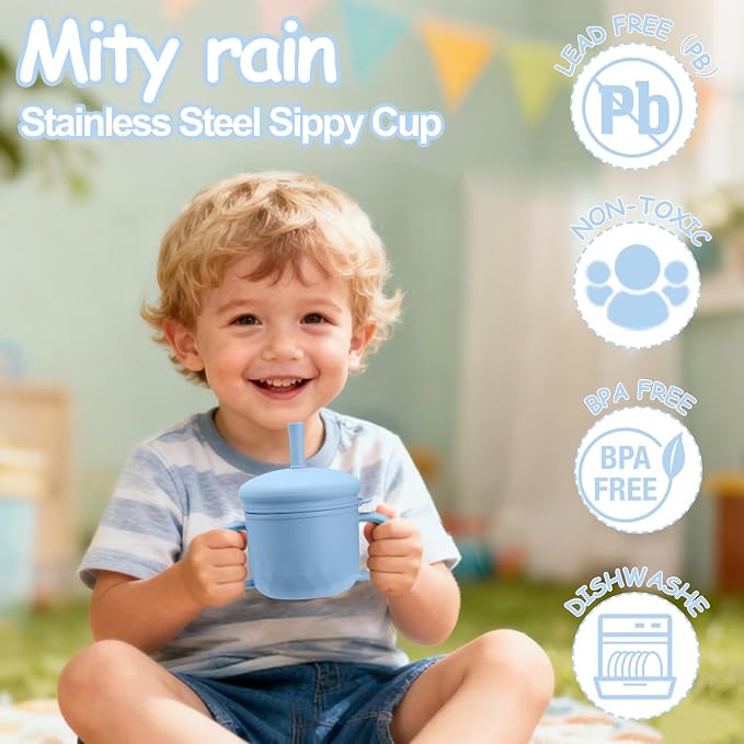 Mity rain 3-In-1 Stainless Steel Sippy Cup for 6+ Month Old, Baby Straw Cups for Toddlers 1-3 with Travel Lid, Silicone Straw, Replacement Straw & Cleaning Brush - 8oz Toddler Cups Spill Proof Set