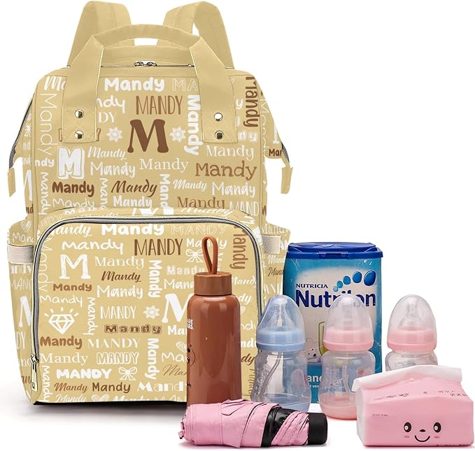 Custom Diaper Bag with Name Personalized Multifunctional Mommy Backpack for Daughter Granddaughter, Yellow Daypack Bag for Travel