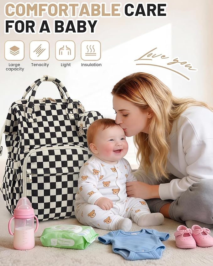 Corduroy Diaper Bag Backpack, Large Capacity Multifunction Baby Diaper Bags for Women, Insulated Bottle Pockets & Pacifier Case, Stylish Travel Nappy Changing Bags for Mom Dad (Checkered Black)