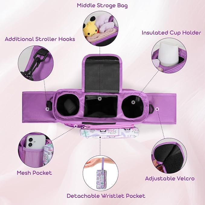 Universal Stroller Organizer with Insulated Cup Holders and Detachable Phone Bag,Stroller Caddy Fits for Stroller Accessories like Uppababy, Baby Jogger, Doona, Nuna Stroller (Purple Sloth)