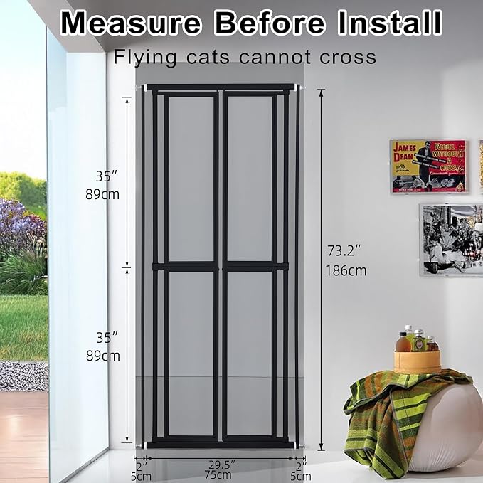 Extra Tall Cat Gate for Doorway – 73“ Pressure-Mounted Transparent Cat Gate for Pets, Fits 31.5”-35" Width, No Wall Drilling, Ideal for Stairs, Hallway, Indoor Safety Barrier
