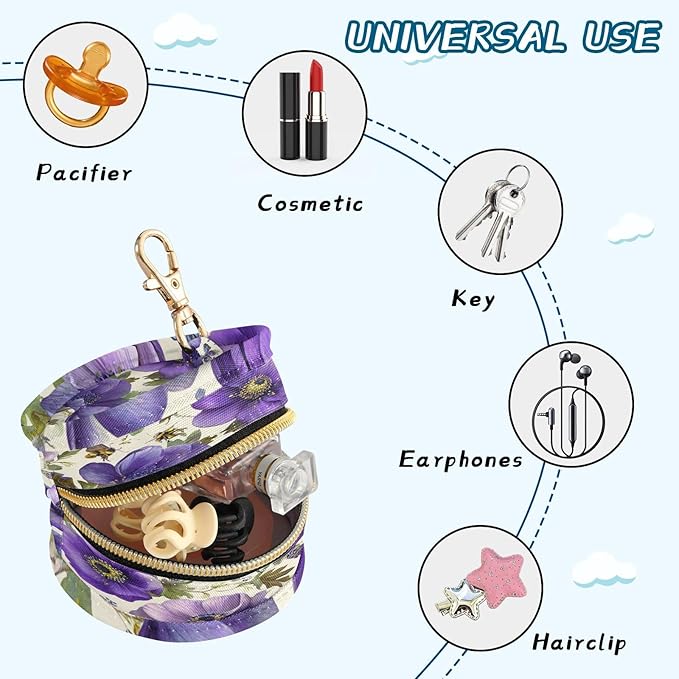 Pacifier Holder with Clip Pacifier Case for Diaper Bag Round Baby Pacifier Pouch Box Bag Portable Purple Anemone Bee Butterfly