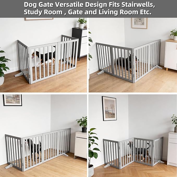 Dog Gate Indoor, Freestanding Dog Fence for The House, Doorways, Hallways,or Stairs,Pet Gate Foldable Wooden,Expandable 32" Height 4 Panels,Grey
