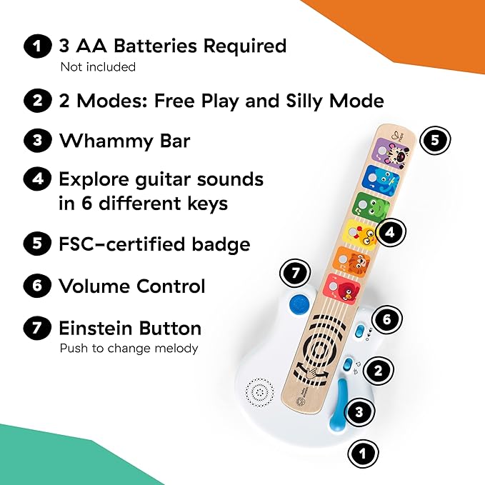 Baby Einstein Strum Along Songs Magic Touch Wooden Toy Guitar with Whammy Bar, Montessori Musical Learning Toy with Lights, 12mo+