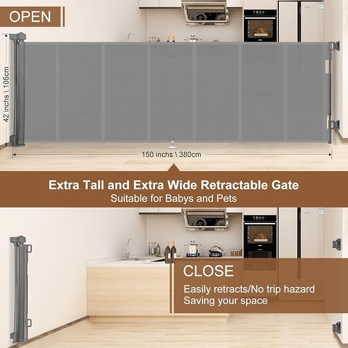 Miumoon 150 inch Retractable Baby Gates 42 inch Tall, Retractable Gate with Reinforced Strip Design to Prevent Crawling Through, 12 FT Extra Wide Retractable Dog Gate for Indoor/Outdoor