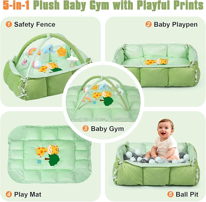 5-in-1 Tummy Time Mat Baby Activity Gym with Cartoon Pattern, Extra Thick Plush Play Floor Mat