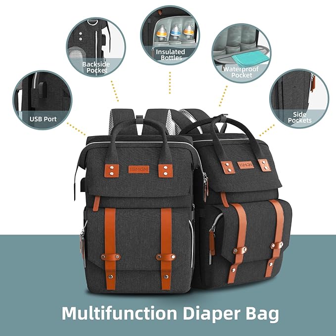 ISMGN Diaper Bag Backpack with Changing Station, Large Diaper Bag, Baby Bag, Black Diaper Bag, Black