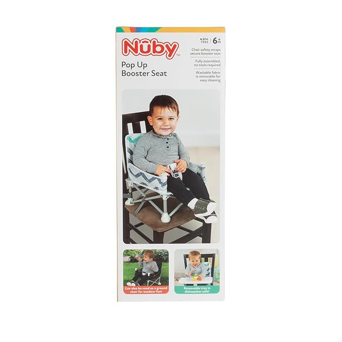 Nuby Pop-Up Booster Seat with Removable Tray - 6+ Months - Portable Booster Seat for Floor for Indoor/Outdoor Use - 3-Point Safety Adjustable Straps - Summer Travel Essentials - Blue