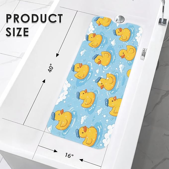 Yellow Rubber Duck Bathtub Shower Mat Blue Cute Non-Slip Tub Extra Long Bath Floor 40X16 Inch Machine Washable for Bathroom Tub Bath Mat for Toddler and Baby