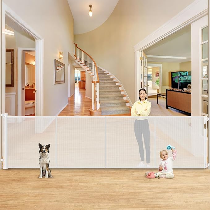 Reinforced 42??Extra Tall X 159??Extra Wide Retractable Gate Indoor Prevent Kids and Pets from Getting Through Tall Retractable Baby Gates for Doorways Pet Gates for Wide Openings Mesh Baby Gate White