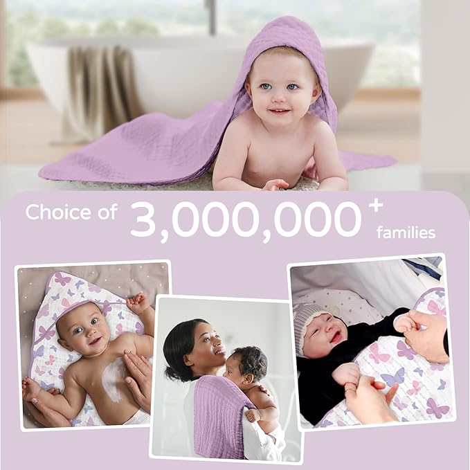 Yoofoss Hooded Baby Towels for Newborn 2 Pack 100% Muslin Organic Cotton Baby Bath Towel with Hood for Babies, Infant, Toddler and Kids, 32x32Inch, Soft and Absorbent Newborn Essential, Butterfly