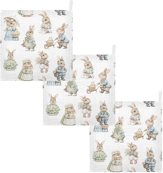 Vvfelixl Muslin Washcloths Easter Rabbits Bunny Baby Burp Cloths Cotton Face Towel for Newborn Infants Boys Girls - Soft and Absorbent 11.8 X 11.8 in, 3 Pack