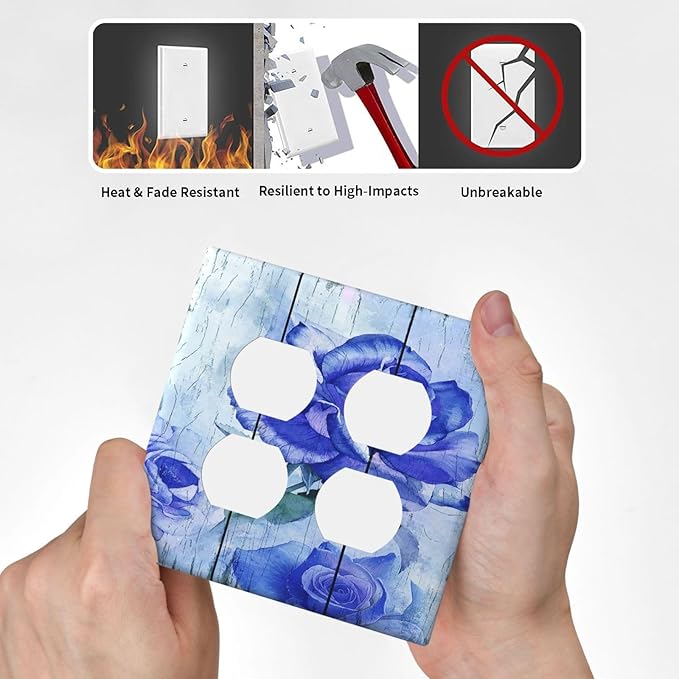 Blue Rose Flower Rustic Wood Plank Floral Outlet Covers 2 Gang Double Duplex Decorative Light Switch Covers Electrical Wallplates Socket Faceplate for Farmhouse Home Decor