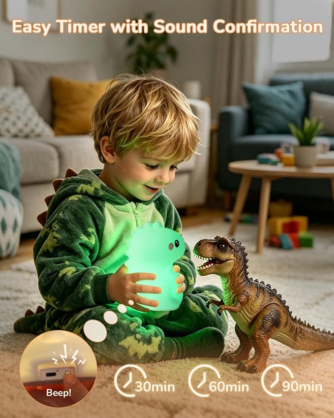 Night Light for Kids, LED Dinosaurs Squishy Animal Lamp for Baby, Soft Silicone Dimmable Bedside Touch Light with Timer, Battery Rechargeable Nightlight Boys Gifts Cute Room Decor